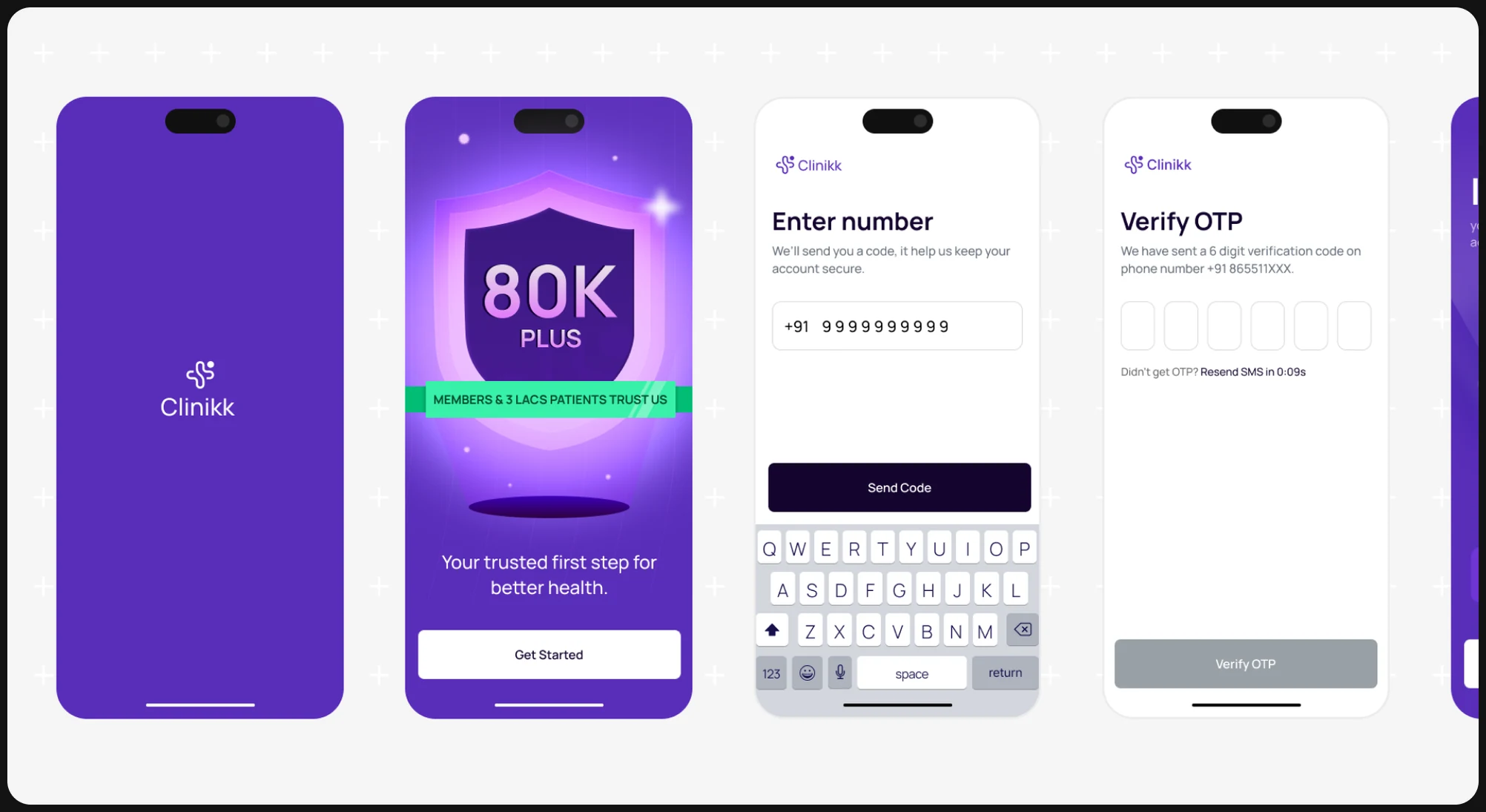 The onboarding run, screen by screen: splash, 80K, number, OTP