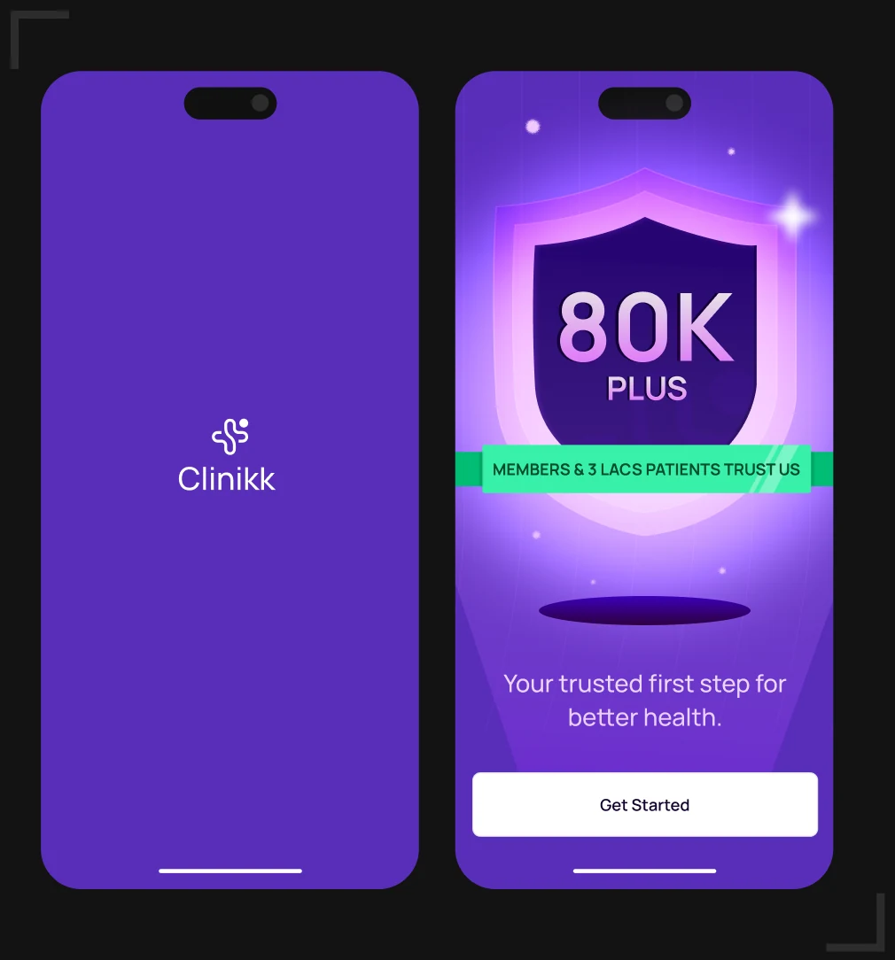 The Clinikk splash and the 80K membership screen