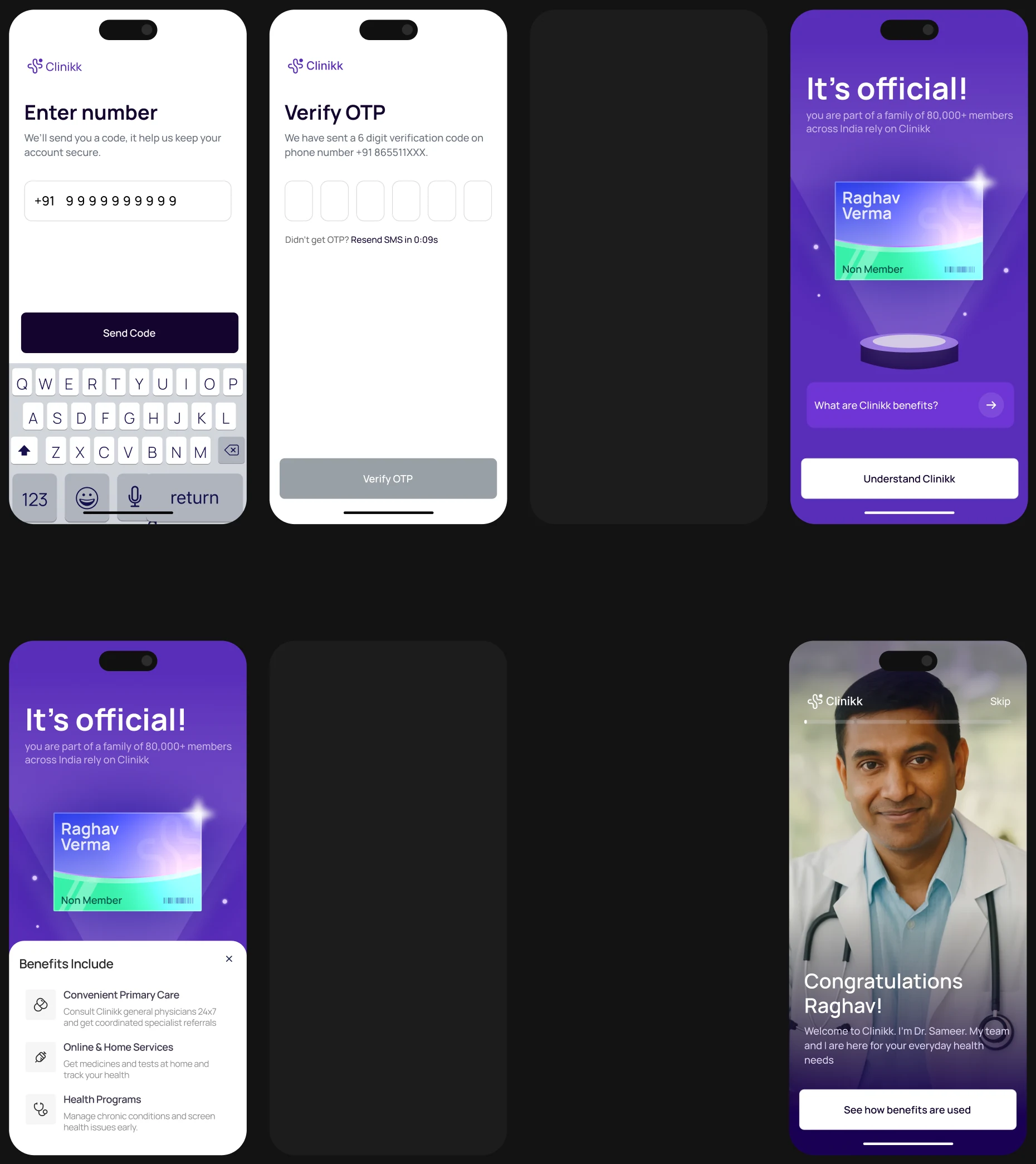 The onboarding flow screen by screen: number, OTP, confirmation, welcome