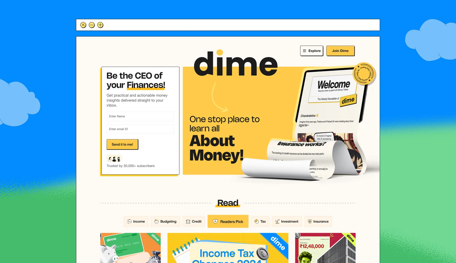 The dime homepage in a browser