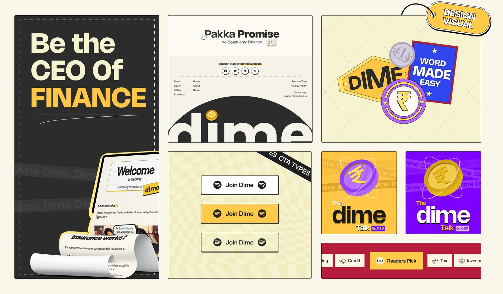 Dime's brand system: stickers, badges, retro-TV frames and halftone textures