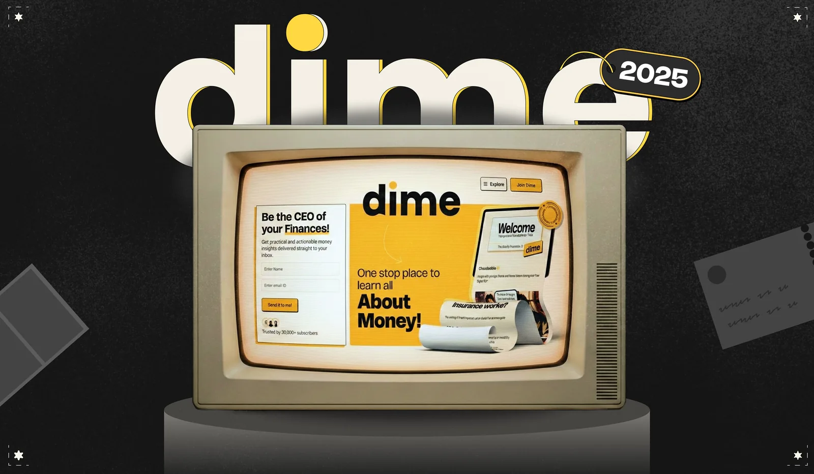 The dime wordmark over a retro monitor